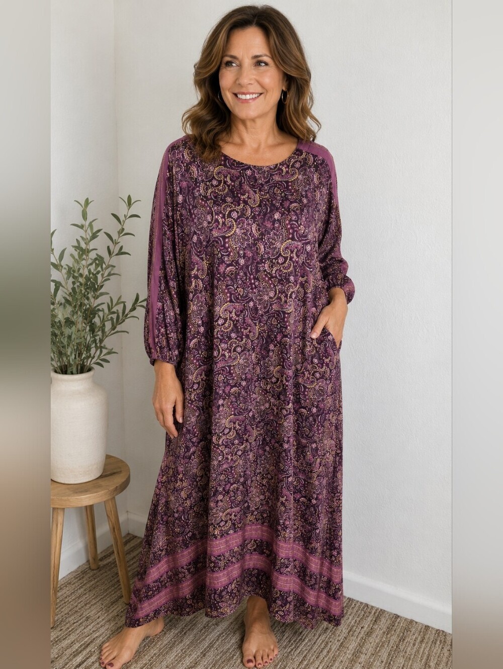 Purejill Purple Paisley Maxi Dress with Purple Trim Accents, Side Pockets, Sz L